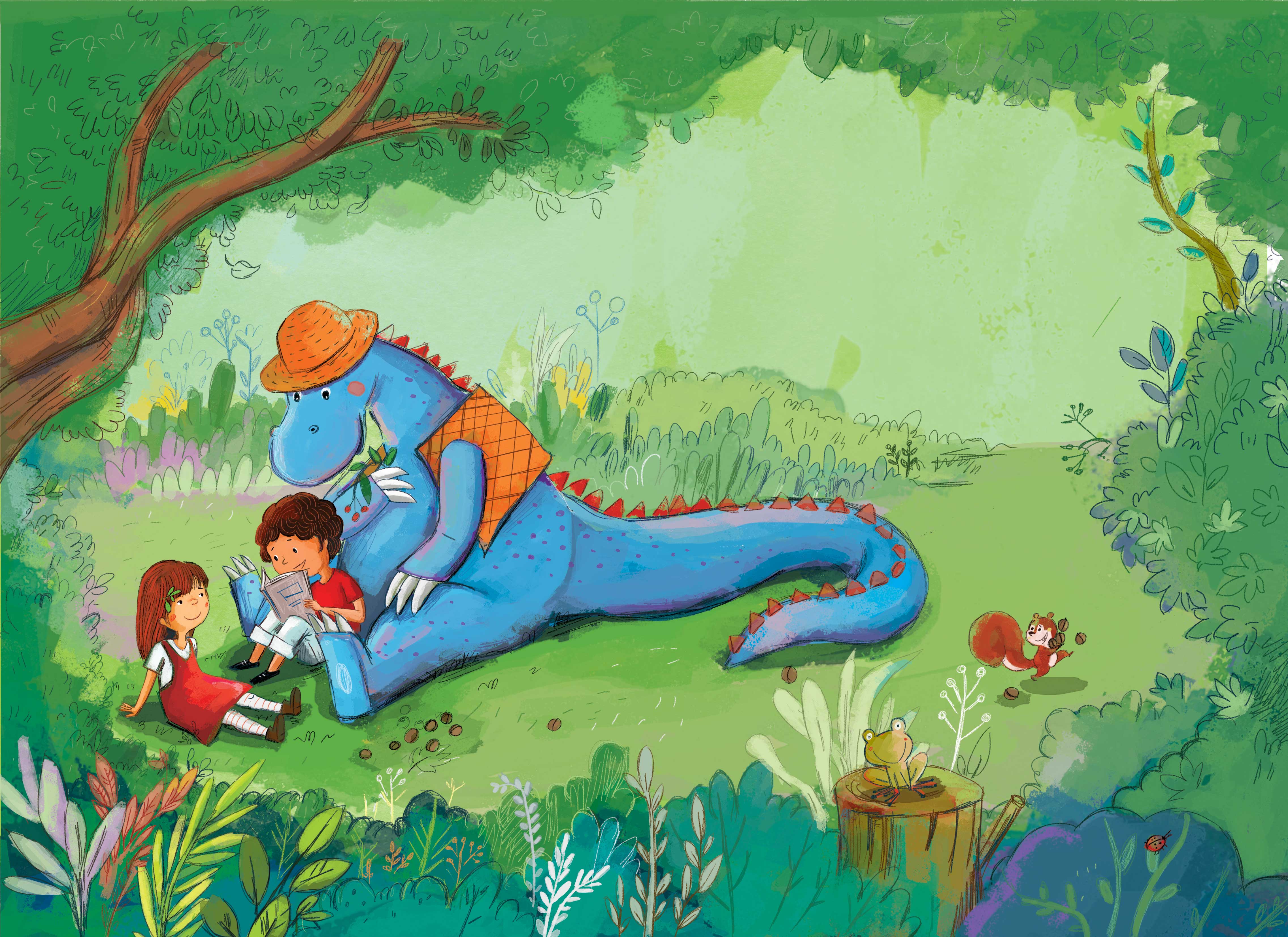 The Reading Dragon — a child reading while leaning against a dragon